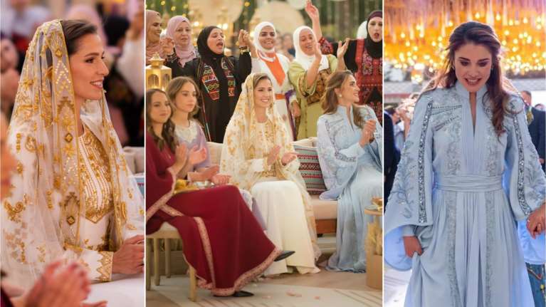 Γαλάζια οπτασία η βασίλισσα Ράνια: Το λευκό φόρεμα με τα χρυσά κεντήματα της καλλονής νύφης της και η υπεράνω όλων πεθερά