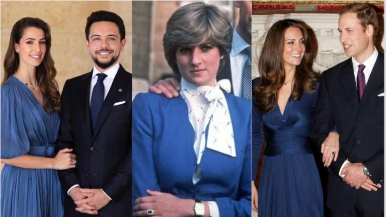 Αρραβώνες σε royal blue: Το μπλε ρουά φόρεμα της νύφης της βασίλισσας Ράνια, η Κέιτ και η πρωτοπόρος Νταϊάνα
