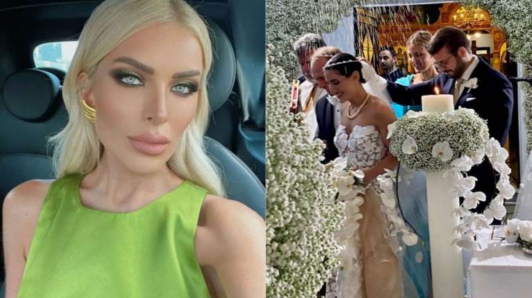 Κατερίνα Καινούργιου: Κομψή με εξώπλατο σατέν φόρεμα σε γάμο με κουμπάρο τον Τσαγκρίδη