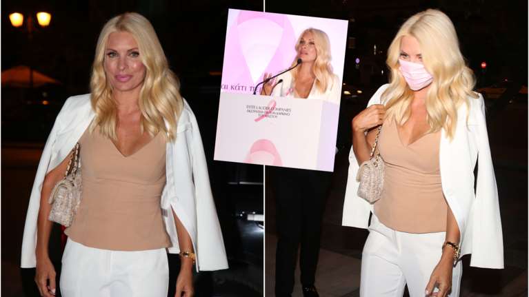 Ελένη Μενεγάκη: Λαμπερή, μαυρισμένη και... μουδιασμένη με λευκό κοστούμι στο Μέγαρο