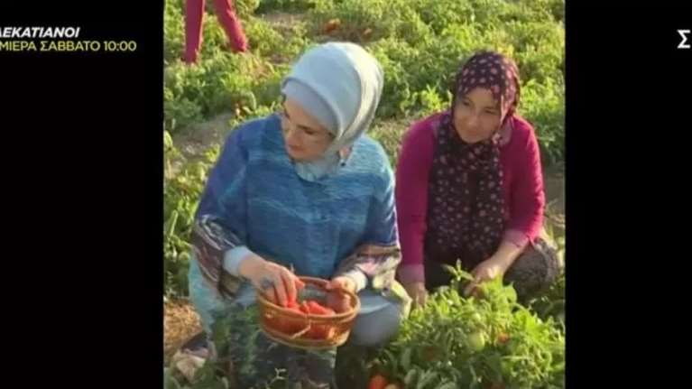 Τουρκία: Μάζεψε ντομάτες σε χωράφι η Εμινέ Ερντογάν - Σόου για να ενισχύσει το φιλολαϊκό της προφίλ [βίντεο]