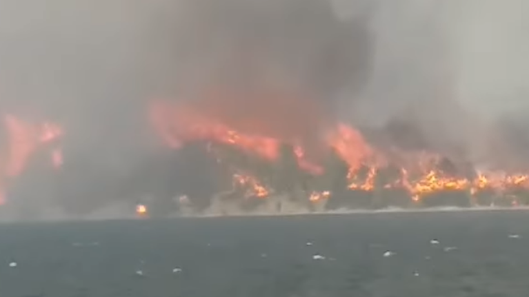 Φωτιά στην Εύβοια: Βίντεο που κόβει την ανάσα μέσα από καΐκι με τις πύρινες γλώσσες στις Ροβιές
