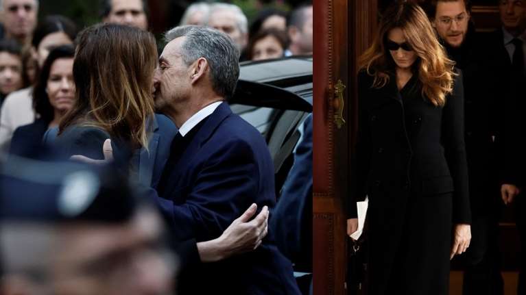 Το &quot;Σ&#39;αγαπώ&quot; της Μπρούνι στον Σαρκοζί έπειτα από 20 μέρες στη φυλακή - Η κομψή εμφάνιση στα... μαύρα