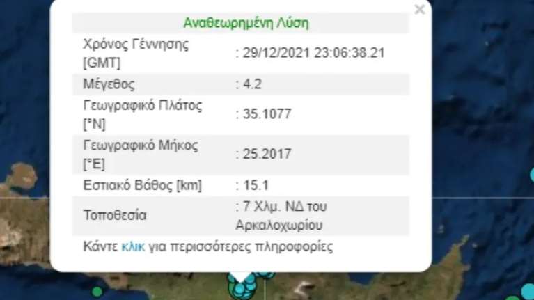 Νέος σεισμός 4,2 βαθμών της κλίμακας Ρίχτερ ταρακούνησε την Κρήτη