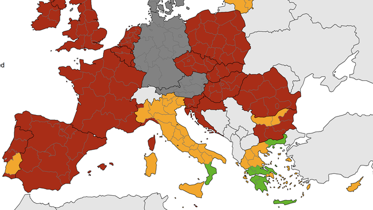 Κορονοϊός: &quot;Κόκκινος&quot; ο χάρτης του ECDC για την Ευρώπη - &quot;Πράσινη&quot; εν μέρει η Ελλάδα