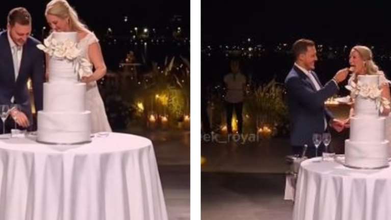 Θεοδώρα - Μάθιου Κουμάρ: Η στιγμή που γαμπρός και νύφη κόβουν την τετραώροφη τούρτα στο γαμήλιο πάρτι στην Αθηναϊκή Ριβιέρα