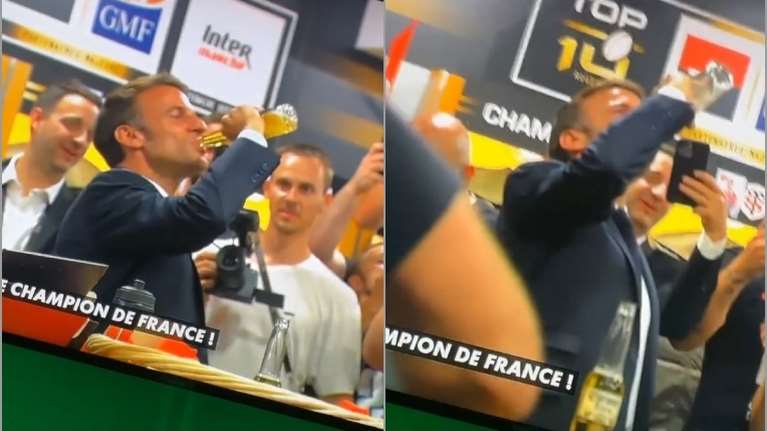 O Μακρόν πίνει μια ολόκληρη μπύρα... μονοκοπανιά για να γιορτάσει το πρωτάθλημα της Τουλούζ - Βολές ότι αντιγράφει τον Σιράκ