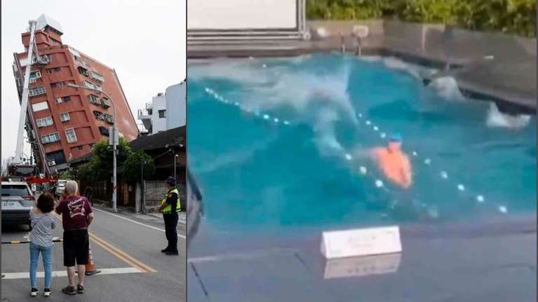 Ταΐβάν: Η στιγμή που τα 7,4 Ρίχτερ κάνουν το νερό πισίνας σε ταράτσα κτιρίου να χορεύει - Ατάραχος ο άνδρας που ήταν μέσα