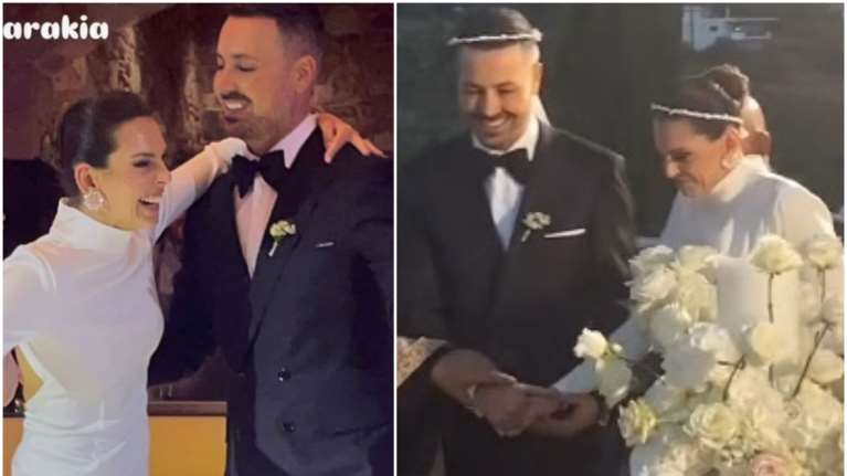 Ο γάμος του Πέτρου Κουσουλού σε πύργο στα Σπάτα: Η κομψή νύφη με το πρωτότυπο νυφικό με την τρύπα στην πλάτη