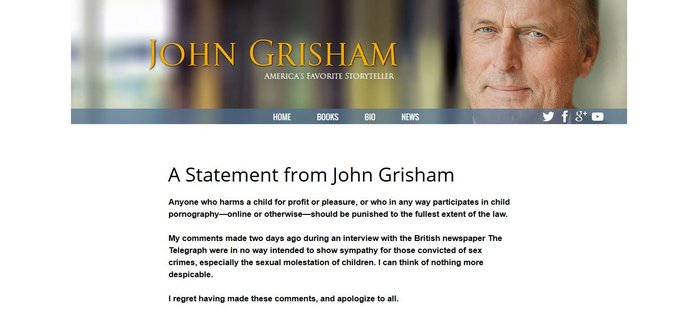 Οργή από σχόλιο του Τζον Γκρίσαμ:Μην τιμωρείτε τόσο σκληρά τους παιδόφιλους