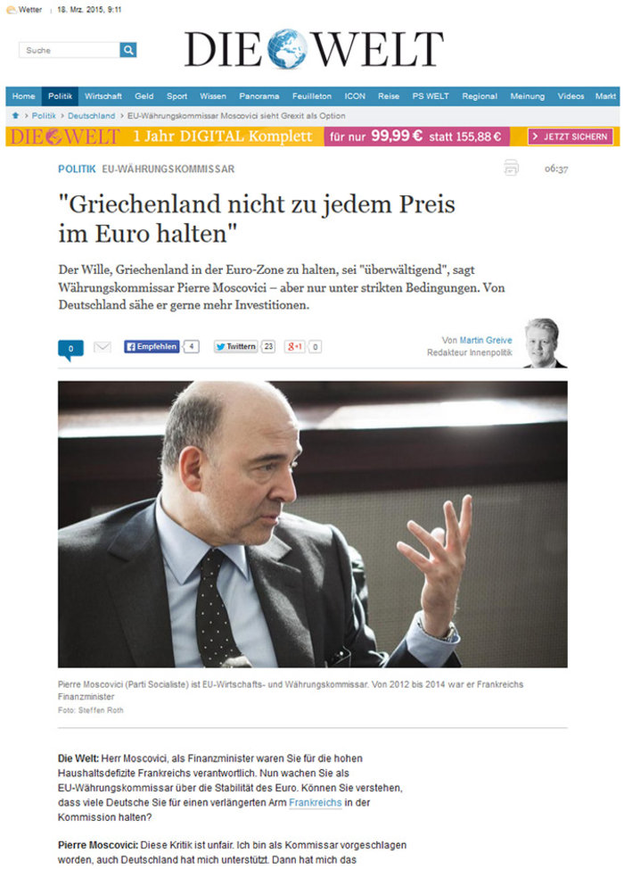 Μοσκοβισί:Δεν κρατάμε την Αθήνα στο ευρώ με κάθε κόστος