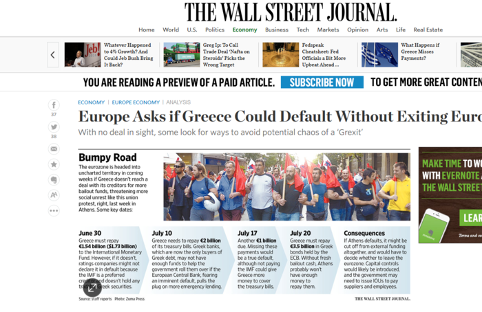 WSJ: Συζητούν επίσημα τη χρεοκοπία της Ελλάδας εντός του ευρώ