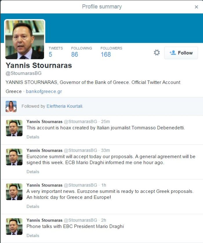 Σάλος με το «μαϊμού» twitter του Γιάννη Στουρνάρα