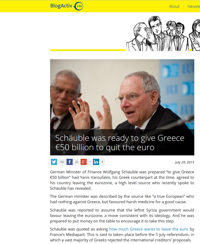 Euractiv:Ο Σόιμπλε ήταν έτοιμος να «λαδώσει» με 50 δισ. για να γίνει Grexit