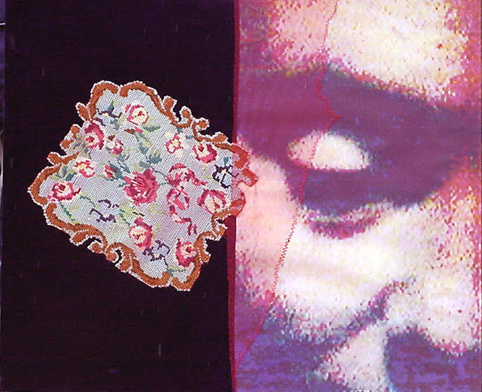 Λήδα Παπακωνσταντίνου, Past Revisited2002, πανιά, κέντημα, ράψιμο, εκτύπωση, 100x100 εκ.