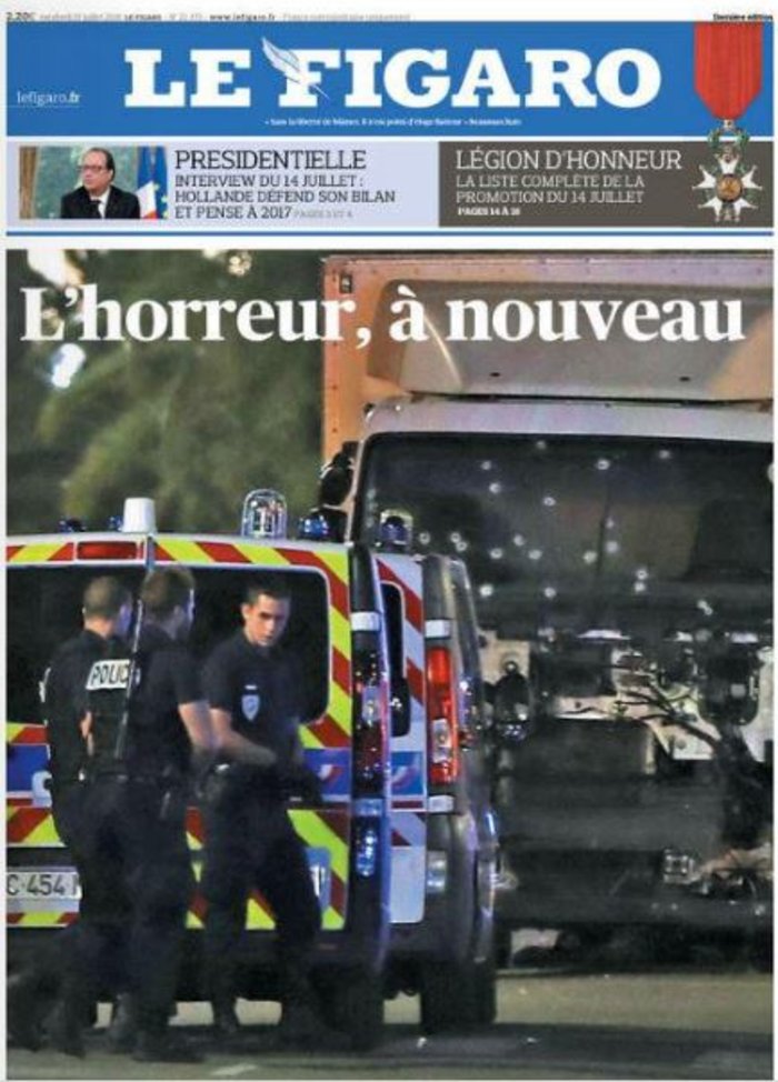 Το πρωτοσέλιδο της Figaro για την επίθεση στη Νίκαια: «Τρόμος ξανά»