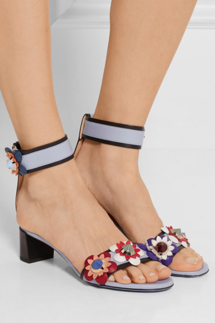 Fendi Floral Appliqued Block Heel Ankle Wrap Leather Sandals