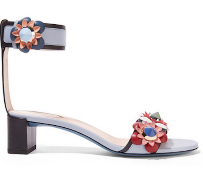 Fendi Floral Appliqued Block Heel Ankle Wrap Leather Sandals