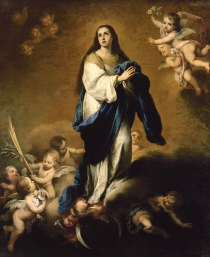 Bartolomé Esteban Murillo (1617-1682), Η Άσπιλος Σύλληψη, 1645-1655, λάδι σε μουσαμά. Ο Murillo, κυρίαρχη καλλιτεχνική προσωπικότητα του ισπανικού μπαρόκ, ζωγράφισε κατ΄ επανάληψη το θέμα. Περισσότεροι από 12 πίνακες είναι γνωστοί από το χέρι του. Η Άσπιλος Σύλληψη προέρχεται από χωρίο της Αποκάλυψης του Ιωάννη, ήταν ιδιαίτερα προσφιλές θέμα στην Ισπανία της περιόδου της Αντιμεταρρύθμισης και τονίζει τον αποκαλυπτικό και ενορατικό χαρακτήρα που επιδιώκει να προβάλλει η Καθολική Εκκλησία την εποχή αυτή