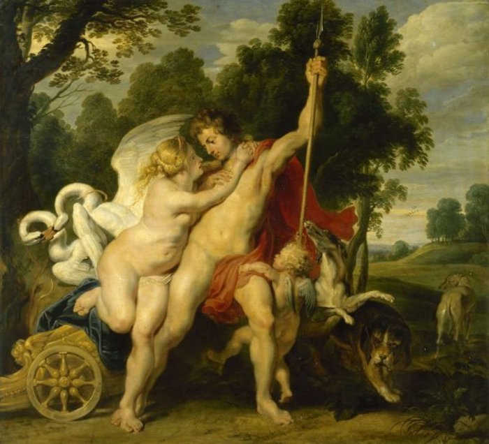 Pieter Paul Rubens (1577-1640), Αφροδίτη και Άδωνις, 1610-1611, λάδι σε ξύλο. Ο κορυφαίος ζωγράφος του φλαμανδικού μπαρόκ υπηρέτησε στις μεγαλύτερες αυλές της Ευρώπης του 17ου αιώνα φιλοτεχνώντας με εξαιρετική παραγωγικότητα πίνακες κάθε είδους και δημιουργώντας ένα από τα μεγαλύτερα εργαστήρια ζωγραφικής στο οποίο απασχολούνταν πλήθος ζωγράφων. Στον πίνακα μόνο οι μορφές αποδίδονται στο χέρι του Ρούμπενς και η λοιπή σύνθεση προέρχεται από τους ζωγράφους του εργαστηρίου