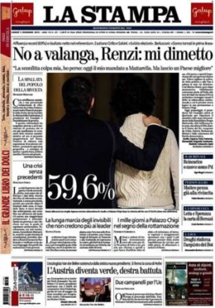 La Stampa: ''Η χιονοστιβάδα του ΟΧΙ, Ρέντσι: Παραιτούμαι''