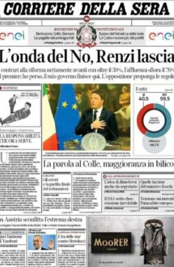 Corriere della Sera: ''Το κύμα του ΟΧΙ, ο Ρέντσι φεύγει''