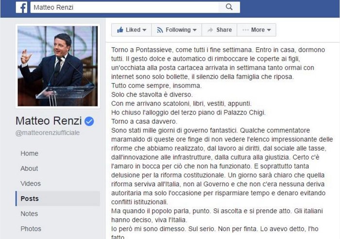 Ο Ρέντσι λέει arrivederci μέσω facebook  και τα...σπάει!