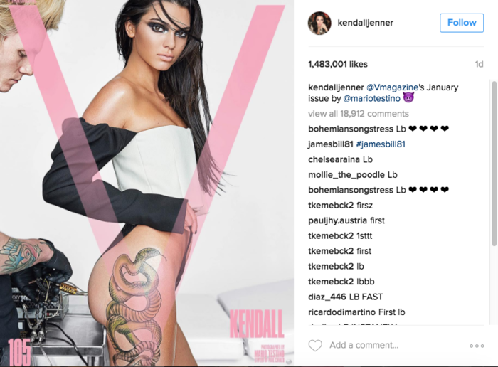 Η Κένταλ Τζένερ εξώφυλλο στο V magazine με τατουάζ ένα πελώριο φίδι
