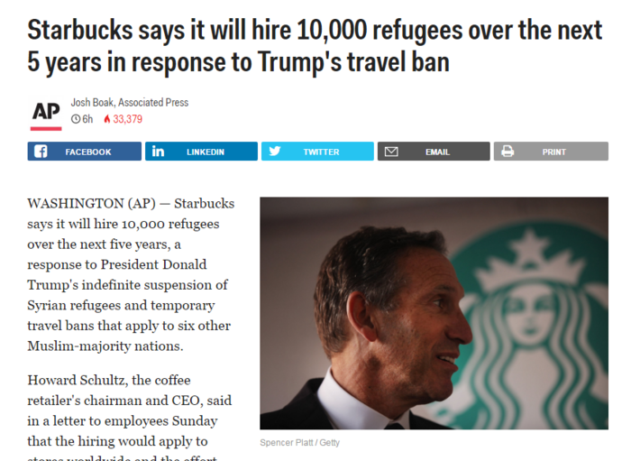 Τα Starbucks απαντούν στον Tραμπ: Θα προσλάβουμε 10.000 πρόσφυγες