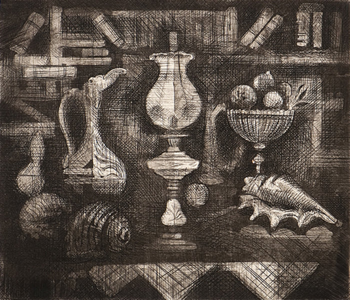 Νεκρή φύση με λάμπα, 1958, χαλκογραφία, 20 x 23,1 εκ.